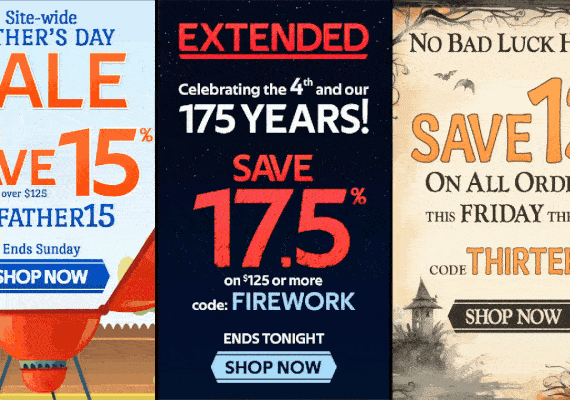 These are a collection of sale emails sent to market our themed promotions. For additional intrigue, I animated when possible.