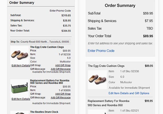 These are some examples of site updates that required a moderate layout and style refresh from 2018. On the left was Order Summary and the right Accounts Purchase History.